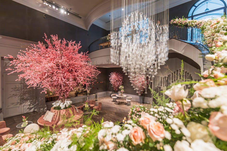 Intricately arranged floral display inside a grand, elegant venue featuring a large, vibrant pink cherry blossom tree with numerous delicate, light pink petals and dark brown branches, placed in a dec