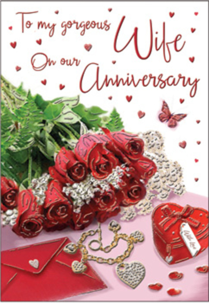 A richly detailed anniversary card design is presented like a romantic tableau, where every object feels thoughtfully placed, much like a carefully styled display in a Pimlico flower shop. At the centre, a bouquet of classic red roses commands attention, each bloom luxuriously open and full, their velvety petals layered in deep shades of crimson that suggest passion and reassurance in equal measure. The roses are gathered with lush, glossy greenery, which curves gracefully around the blossoms, creating a sense of natural abundance reminiscent of a walk through the tree-lined streets near Vincent Square. Around this floral focal point, delicate heart motifs and filigree-style lace patterns trace across the background, softening the scene with texture and romantic charm. Nestled nearby are elegant trinkets: a matching jewellery set that glows softly with metallic highlights and a vivid red box that hints at a cherished gift exchanged over many years together. The scripted message on the card flows across the design in gentle, sweeping lines, echoing the movement of the stems and guiding the viewer's gaze from flower to keepsake and back again. Light falls evenly over the composition, casting a subtle sheen on the surface beneath and giving the impression of satin or fine paper, evocative of a thoughtfully prepared anniversary surprise at home after an evening near the river. The overall atmosphere is warmly intimate, wrapping roses, hearts, and treasured objects into a single visual embrace. It feels less like a simple greeting card and more like a snapshot of shared memories, captured in colour and texture for couples celebrating their love in Pimlico. Crafted with a florist's eye, the scene radiates affection, continuity, and heartfelt celebration.