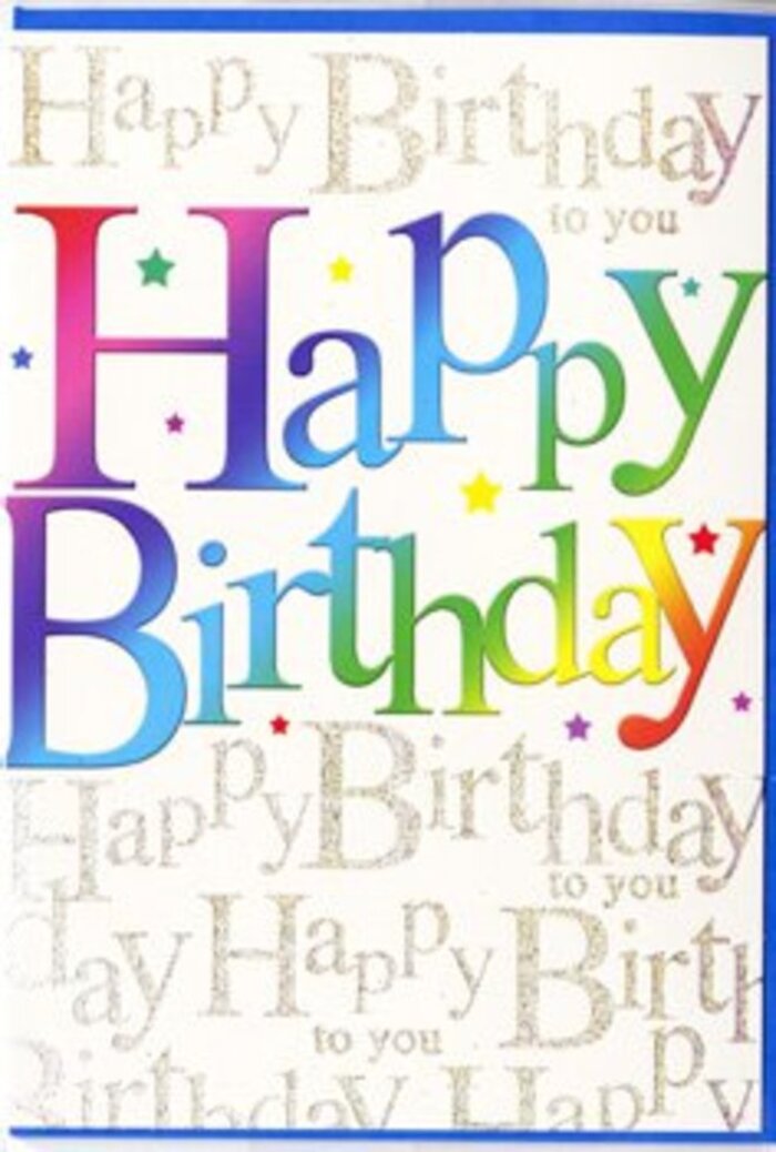 A richly designed birthday card rests as though just placed beside a fresh bouquet in a Pimlico flower studio, its front bursting with an artistic Happy Birthday that instantly commands attention. The phrase sweeps across the centre in tall, confident letters, each painted a different vivid colour-crimson, mandarin, lemon, lime, turquoise, royal blue, and amethyst-creating a smooth, almost velvety rainbow band. The colours shift from one to another with subtle gradients, like petals arranged in a colour-wheel display at a local florist off Tachbrook Street Market. The lettering feels full of movement, as if the words themselves are part of the celebration, rising like a cheerful chorus in a favourite neighbourhood café. Behind this bold typography, a layer of fine golden script repeats Happy Birthday to you in looping cursive, forming a soft, glimmering backdrop. The metallic ink seems to catch ambient light, adding a gentle sparkle reminiscent of candlelight reflected in Pimlico's townhouse windows at dusk. The surface of the card appears luxuriously smooth with a slight sheen, yet the contrast between the vibrant letters and the delicate gold script creates depth, as though there are two distinct layers: one loud with colour, one quiet with sentiment. Imagined in the context of birthday flowers ready for local delivery, the card mirrors the joy of a bright mixed bouquet-optimistic, colourful, and full of warmth. It feels like a thoughtfully chosen piece, ideal for slipping into a floral arrangement heading to a birthday celebration near Eccleston Square, where the design will echo the festive mood and add an extra burst of happiness to the moment.