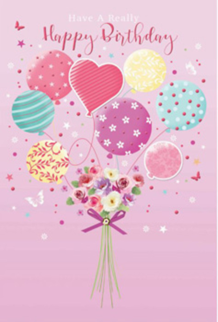 This illustrated birthday card feels like a small, floating party crafted by a florist who knows the gentle rhythm of Pimlico's streets. A soft pink background, reminiscent of early evening light along the river, sets a warm and inviting tone. From the base, a bouquet of fresh blooms seems to burst upward, as though it has just been tied by hand in a local studio, then carried along Tachbrook Street Market. The flowers are petite yet abundant-roses and daisy-like blossoms with velvety petals shaded from creamy ivory to rosy fuchsia and lavender. They cluster together in a rounded, generous shape, their imagined fragrance quietly sweet, like a hint of perfume caught on a passing breeze. Tethered to this bouquet is a lively gathering of pastel balloons that lifts the eye and the mood. Some balloons swirl with candy-coloured stripes, others are dotted with playful spots, and one stands out in a heart shape, glowing softly at the centre. The colours-sea green, blush pink, pale sunshine yellow, and lilac-blend harmoniously, each surface catching an imagined gleam of light. A purple bow at the base wraps around the stems, its satin texture sparkling just enough to suggest a special occasion. Around the arrangement, tiny stars and delicate butterflies hover, evoking a daydreamy sense of motion, like watching petals and confetti drift through St George's Square Gardens. The mood is gently jubilant-perfect for a birthday message that aims to make someone in Pimlico feel seen, celebrated, and deeply appreciated.