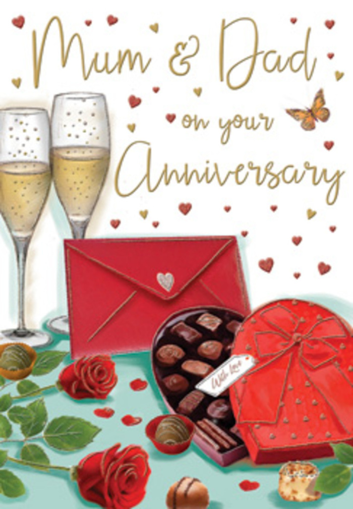 The anniversary card design feels like a lovingly arranged vignette, the sort of thoughtful detail one might notice in a Pimlico home after a celebratory dinner. Dominating the foreground are two lush red roses, laid gently across a table and nestled into a cluster of rich green leaves. The petals are rendered with impressive detail, curling softly at the edges, so velvety and full that you can almost imagine lifting them to your face and catching their perfume, just as you would with a fresh bouquet sourced locally around Tachbrook Street Market. Close by, a heart-shaped chocolate box adds a sense of indulgence and fun; its bold crimson lid, finished with a grand, looping red bow, is propped open to reveal glossy chocolates waiting to be shared. Just behind, two slender champagne flutes stand in perfect harmony, filled with pale gold sparkling wine. The bubbles are frozen mid-rise, creating a sense of anticipation, as though someone is about to raise a glass and say a few carefully chosen words. The glasses' delicate stems and the subtle reflections along their surface suggest gentle, ambient lighting, perhaps from a nearby lamp or flickering candles. Scattered across the soft background are tiny golden and red hearts that swirl around the affectionate message to Mum & Dad, giving the card a joyful, almost festive energy. A scarlet envelope, sealed and slightly angled, completes the composition, implying a private love note or family message written in a familiar hand. Altogether, the scene evokes warmth, gratitude, and the shared history of a couple whose love has quietly supported a family through many seasons in Pimlico.