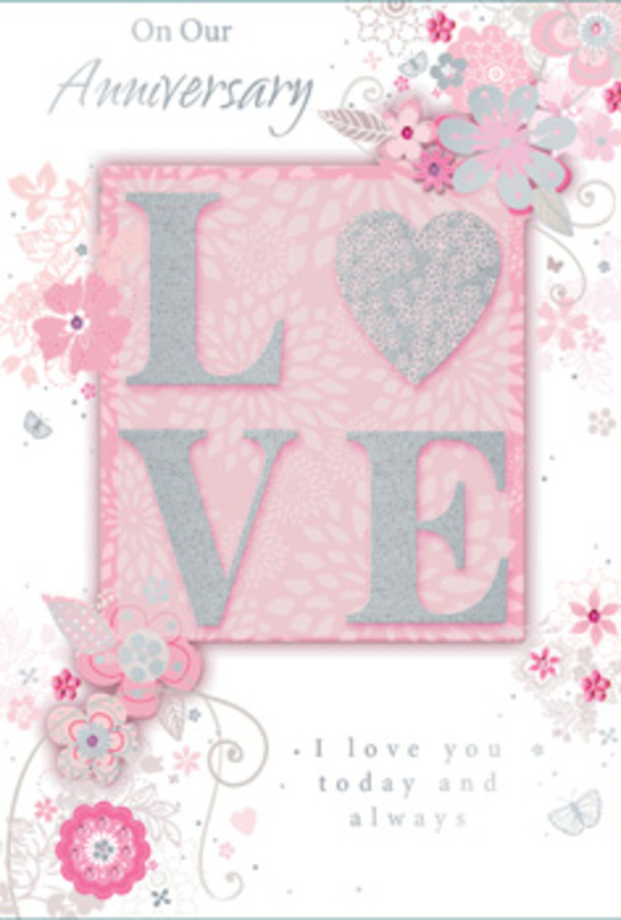 The anniversary card in this image resembles a paper bouquet laid out on a polished Pimlico dining table, bathed in soft, natural light from a nearby sash window. At its heart, the word LOVE is embossed in raised, frosted glitter, each letter slightly rounded and tactile, inviting the recipient to trace its contours in a private, affectionate gesture. The glitter is subtle, more like fine sugar dusting than bold sparkle, adding a sophisticated sheen that shifts gently as the light moves, much like the way petals glow in late-afternoon sunshine across Pimlico's quiet residential streets. Around this central word, wispy, hand-drawn blooms drift along the card's borders, their petals shaded in harmonious tones of blush, lilac, and creamy ivory. The flowers are stylised rather than botanically precise, reminiscent of a florist's quick pencil sketches when planning a bespoke anniversary arrangement for a couple living near Eccleston Square. Slender filigree lines intertwine with dainty leaves and almost-hidden butterflies, their wings barely suggested by fine, silvered strokes. These small details give the impression of gentle fluttering, like hearts stirred by an unexpected tender word or a remembered vow. The main message, reading I love you today and always, is set in a graceful, understated typeface that feels both modern and timeless, mirroring the enduring quality of a long relationship. Every element-from the muted pastel palette to the soft, cloud-like background-combines to create a tranquil, heartfelt mood, as if the card itself were a hand-tied bouquet pressed between pages, preserving years of love and quiet gratitude in a single, beautifully arranged keepsake.