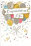 An upright congratulations card fills the frame, designed with the same care and attention you might expect from a bespoke arrangement prepared for a Pimlico celebration. The main focus is a cluster of hand-drawn balloons positioned centrally, their rounded forms layered to create a soft, three-dimensional effect. Each balloon is coloured in a sophisticated palette of warm gold, cool silver, champagne cream, sky blue, rosy pink and soft grey, and decorated with details such as tiny stars, fine glittery lines and shimmering confetti spots that catch imaginary light like reflections on the Thames nearby. From the base of the balloons, long metallic ribbons cascade in fluid lines of gold and silver, gently curling and intertwining as they drift toward the lower edge of the card, echoing the graceful motion of gift wrap ribbons in a local Pimlico florist studio. Across the middle of this balloon bouquet, a white banner arcs elegantly, edged with subtle metallic accents and scripted with Congratulations To You in flowing, decorative lettering that feels both heartfelt and composed. The backdrop is a soft, neutral shade scattered with petite stars, swirls and confetti flecks in matching metallic tones, giving a sense of movement and festivity without overwhelming the eye. The overall mood is one of light, uplifting celebration-perfect beside a vase of fresh blooms on a windowsill overlooking Pimlico's quiet garden squares, ready to acknowledge a proud achievement, a new chapter or any moment when you want your message of congratulations to feel a little more special and memorable.