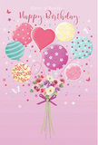 This birthday artwork captures the spirit of a light-hearted celebration in Pimlico, as if a floral daydream has floated up from a local bouquet bench. The scene is set on a soft blush-pink background, calming and warm, like the sky over nearby garden squares at first light. At the bottom, a hand-tied bouquet blooms with delicate roses and anemone-like flowers, their petals feathery and soft in shades of cream, blush, and gentle mauve. The blossoms nestle closely together, forming a rounded, full cluster that suggests freshness and care, as if just arranged for same-day birthday delivery. A violet satin bow gathers the stems, its sheen adding a touch of polished elegance. Rising from this bouquet is a whimsical cloud of pastel balloons that seem to float right out of the paper. Some are wrapped in candy-striped bands, others are sprinkled with playful polka dots, and one central heart-shaped balloon radiates affection, glowing softly in pink and lavender tones. Sea green, soft yellow, and rose hues blend across the balloons, each one reflecting a subtle shine that hints at smooth, taut surfaces catching the light. Tiny stars and butterflies drift around the composition, adding movement and a touch of fairy-tale magic, like little surprises you might notice on a quiet walk toward Lupus Street. The entire design feels airy, sweet, and joyfully festive, an illustrated birthday bouquet that carries warmth, artistry, and a sense of being thought of with real tenderness in SW1.