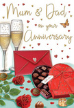 This illustrated anniversary card captures the warmth of long-lasting love with a scene that could easily belong to a family home near St George's Square in Pimlico. In the centre, two champagne flutes stand close together, filled with sparkling golden Champagne whose rising bubbles seem to glow against a soft, warm backdrop. The glasses catch the light gracefully, suggesting that gentle, end-of-day moment when conversation slows and a toast is shared between partners. In front of them, a heart-shaped box of chocolates in deep red sits open, its generous bow lying in fluid folds while the chocolates inside are clustered like tiny treasures, each ready to be enjoyed. Resting nearby are two beautifully detailed red roses, their petals layered and plush, edged with subtle highlights that make them appear freshly picked, like premium stems prepared by Florist Pimlico for a special anniversary delivery. Their vivid colour contrasts against the glossy green leaves that cradle them, adding a feeling of richness and abundance. Around the arrangement, small hearts in shining gold and rich crimson float across the design, drawing attention toward a loving dedication to Mum & Dad, handwritten in a style that feels intimate and personal. A scarlet envelope, carefully placed in the scene, hints at a thoughtful card or letter tucked inside, perhaps filled with memories from children or grandchildren. Soft, diffused lighting envelopes everything, giving the image a contented, celebratory glow, reminiscent of a quiet, candlelit evening where stories are shared and the simple joy of being together is the greatest gift being honoured.